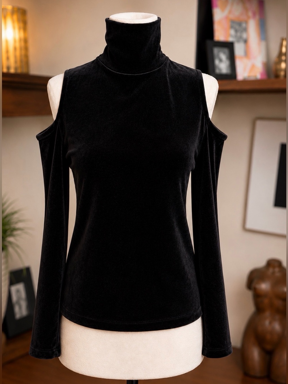 Zara Knit Black Velvet Cold Shoulder Turtleneck Top | Soft Stretch | Size S
